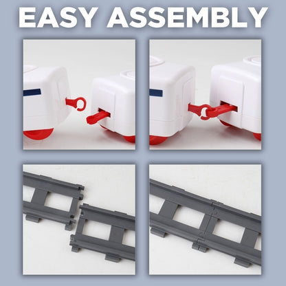 "Easy Assembly" guide showing how to connect Tasty Tracks train carts using red hook attachments and how to snap together the track pieces for quick setup.