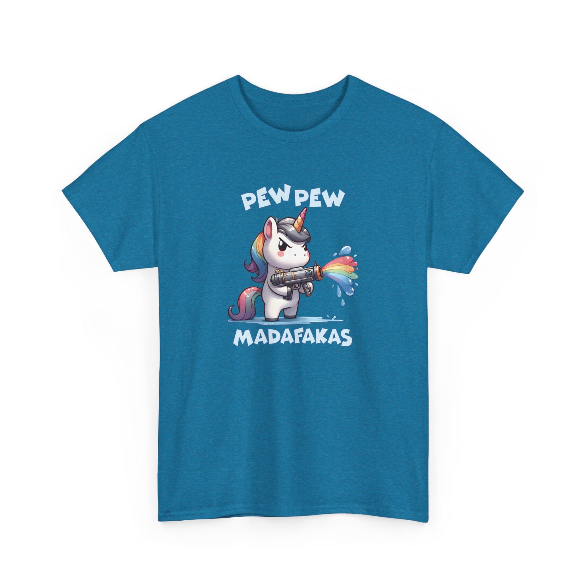 Front view of a teal T-shirt with a "Pew Pew Madafakas" unicorn graphic. Part of the Vivid Divergence Sensory Friendly Unisex Tees Range.