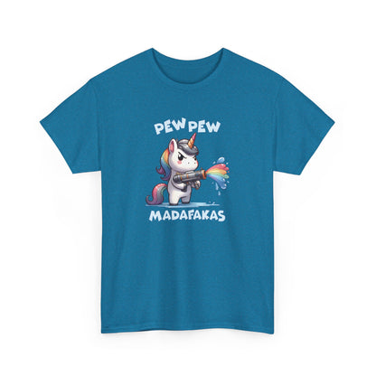 Front view of a teal T-shirt with a "Pew Pew Madafakas" unicorn graphic. Part of the Vivid Divergence Sensory Friendly Unisex Tees Range.