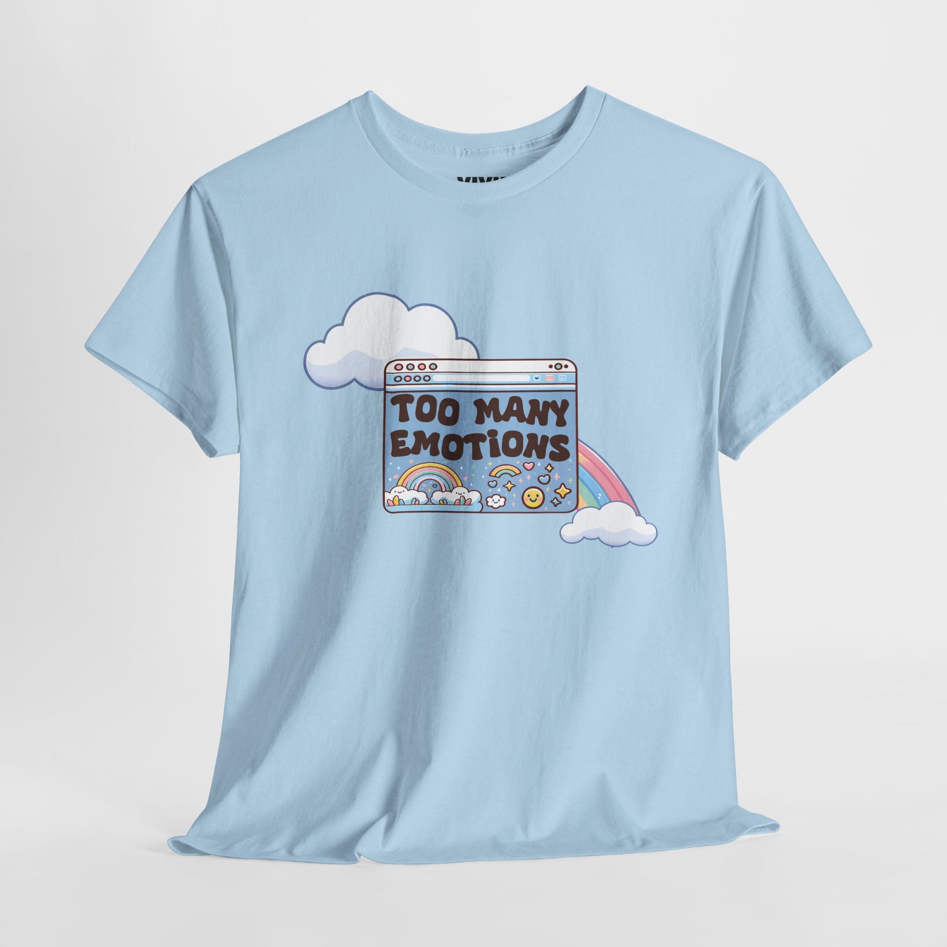Hanging view of light blue T-shirt featuring a retro computer window with text "Too Many Emotions" and a rainbow arching behind it. Maximum feelings, minimal RAM. Part of the Vivid Divergence Memewear Collection!