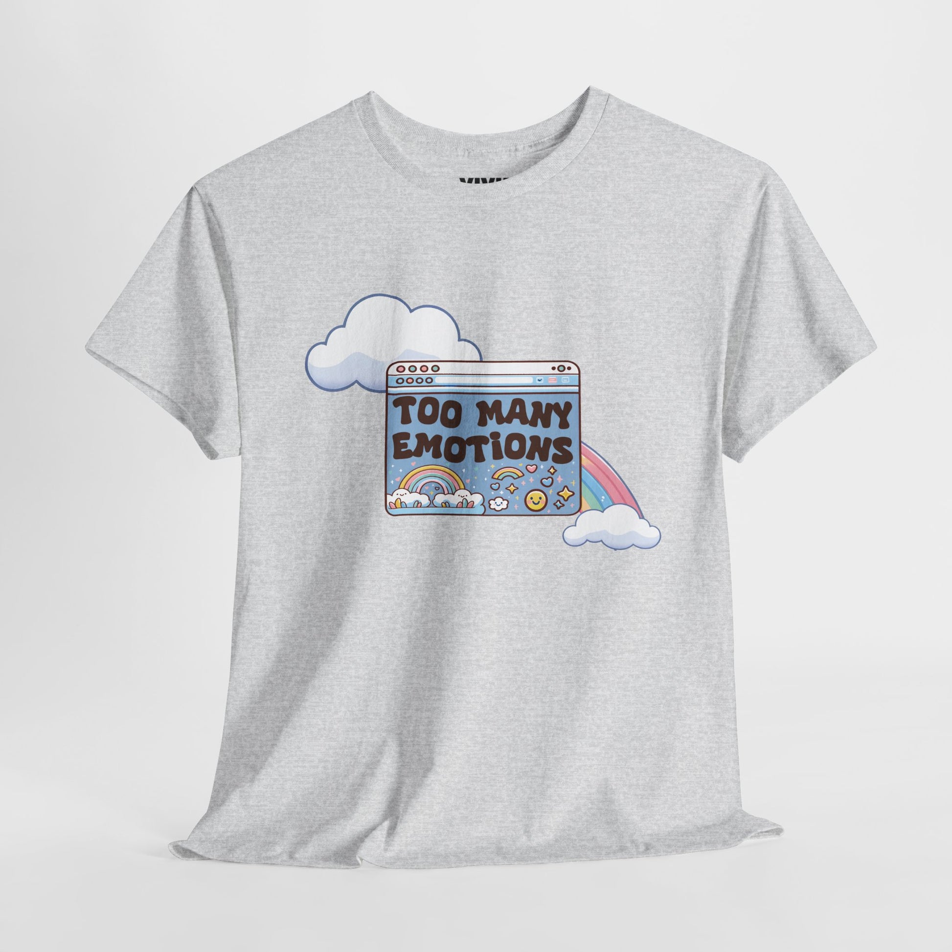 Hanging view of light grey T-shirt featuring a retro computer window with text "Too Many Emotions" and a rainbow arching behind it. Maximum feelings, minimal RAM. Part of the Vivid Divergence Memewear Collection!