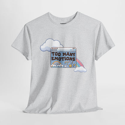 Hanging view of light grey T-shirt featuring a retro computer window with text "Too Many Emotions" and a rainbow arching behind it. Maximum feelings, minimal RAM. Part of the Vivid Divergence Memewear Collection!