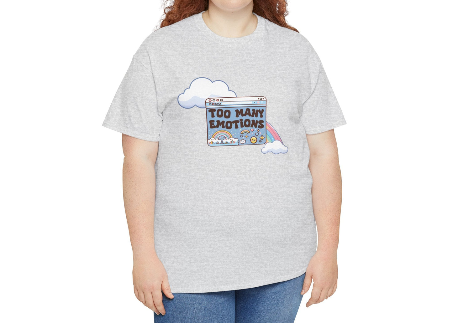 Modeled view of light grey T-shirt with retro rainbow-and-window design reading “Too Many Emotions.” Mentally buffering with style. Part of the Vivid Divergence Memewear Collection!