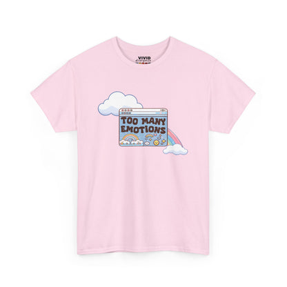 Front view of light pink T-shirt featuring a retro computer window with text "Too Many Emotions" and a rainbow arching behind it. Maximum feelings, minimal RAM. Part of the Vivid Divergence Memewear Collection!
 