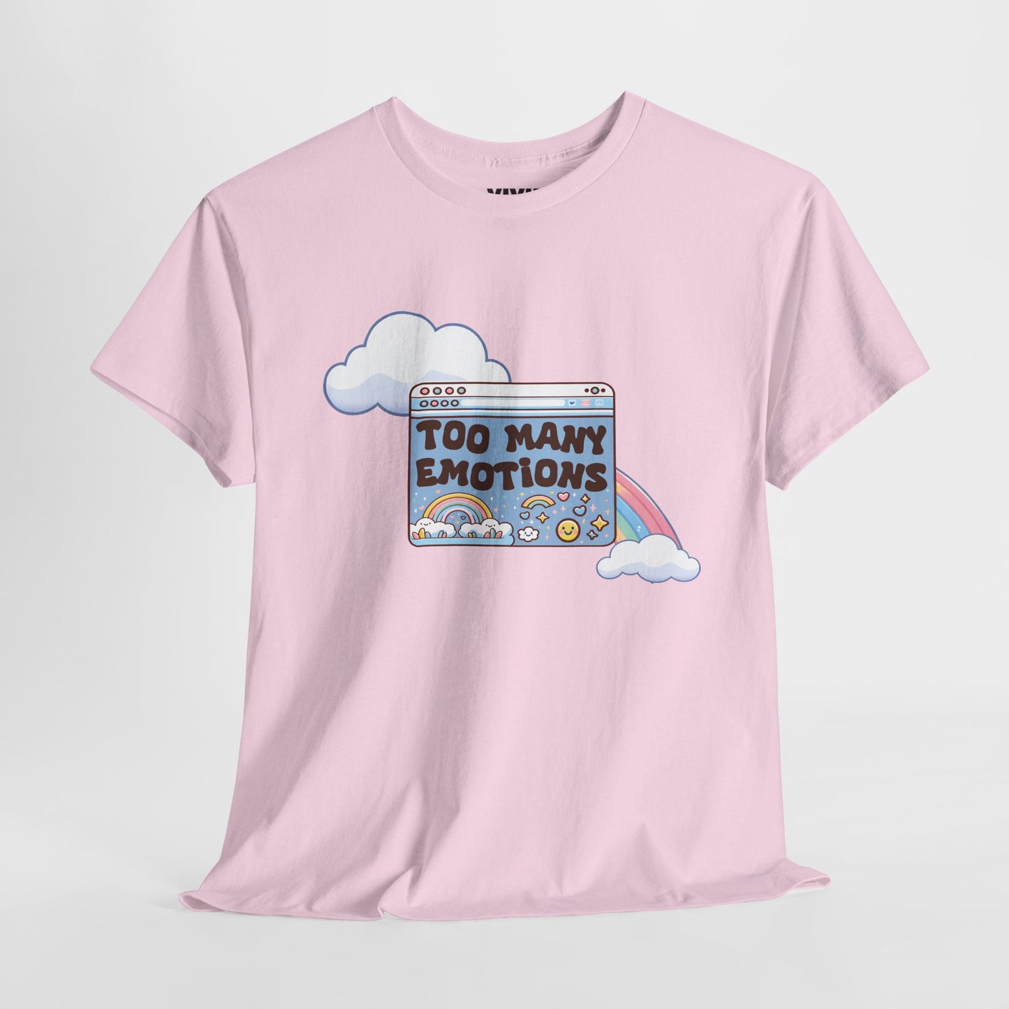 Hanging view of light pink T-shirt featuring a retro computer window with text "Too Many Emotions" and a rainbow arching behind it. Maximum feelings, minimal RAM. Part of the Vivid Divergence Memewear Collection!