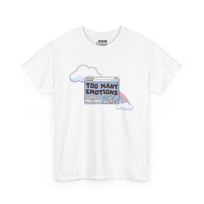 Front view of white T-shirt featuring a retro computer window with text "Too Many Emotions" and a rainbow arching behind it. Maximum feelings, minimal RAM. Part of the Vivid Divergence Memewear Collection!
