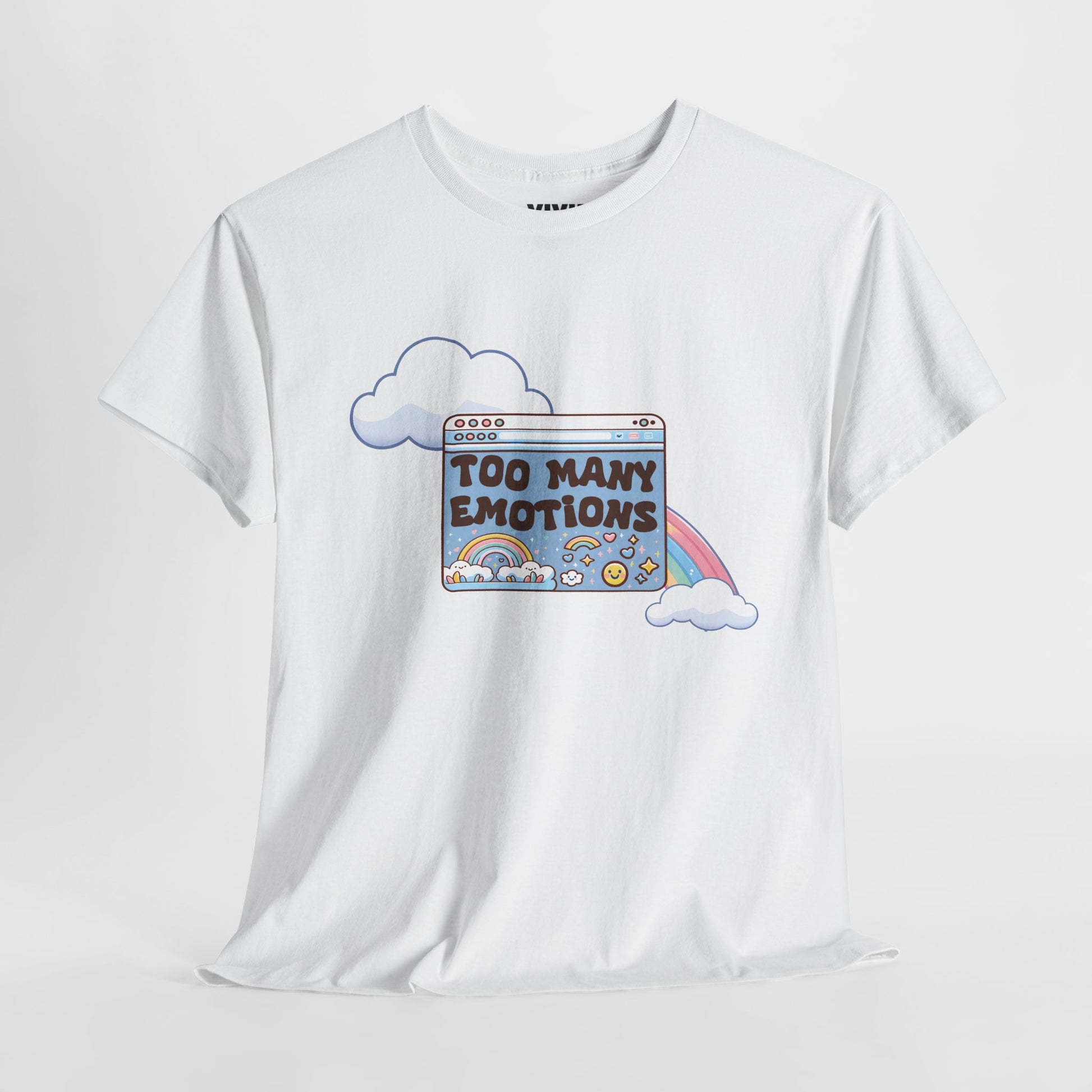 Hanging view of white T-shirt featuring a retro computer window with text "Too Many Emotions" and a rainbow arching behind it. Maximum feelings, minimal RAM. Part of the Vivid Divergence Memewear Collection!