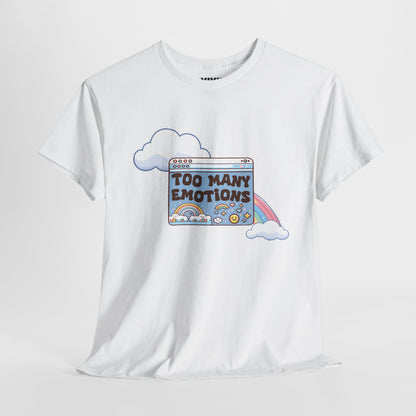 Hanging view of white T-shirt featuring a retro computer window with text "Too Many Emotions" and a rainbow arching behind it. Maximum feelings, minimal RAM. Part of the Vivid Divergence Memewear Collection!