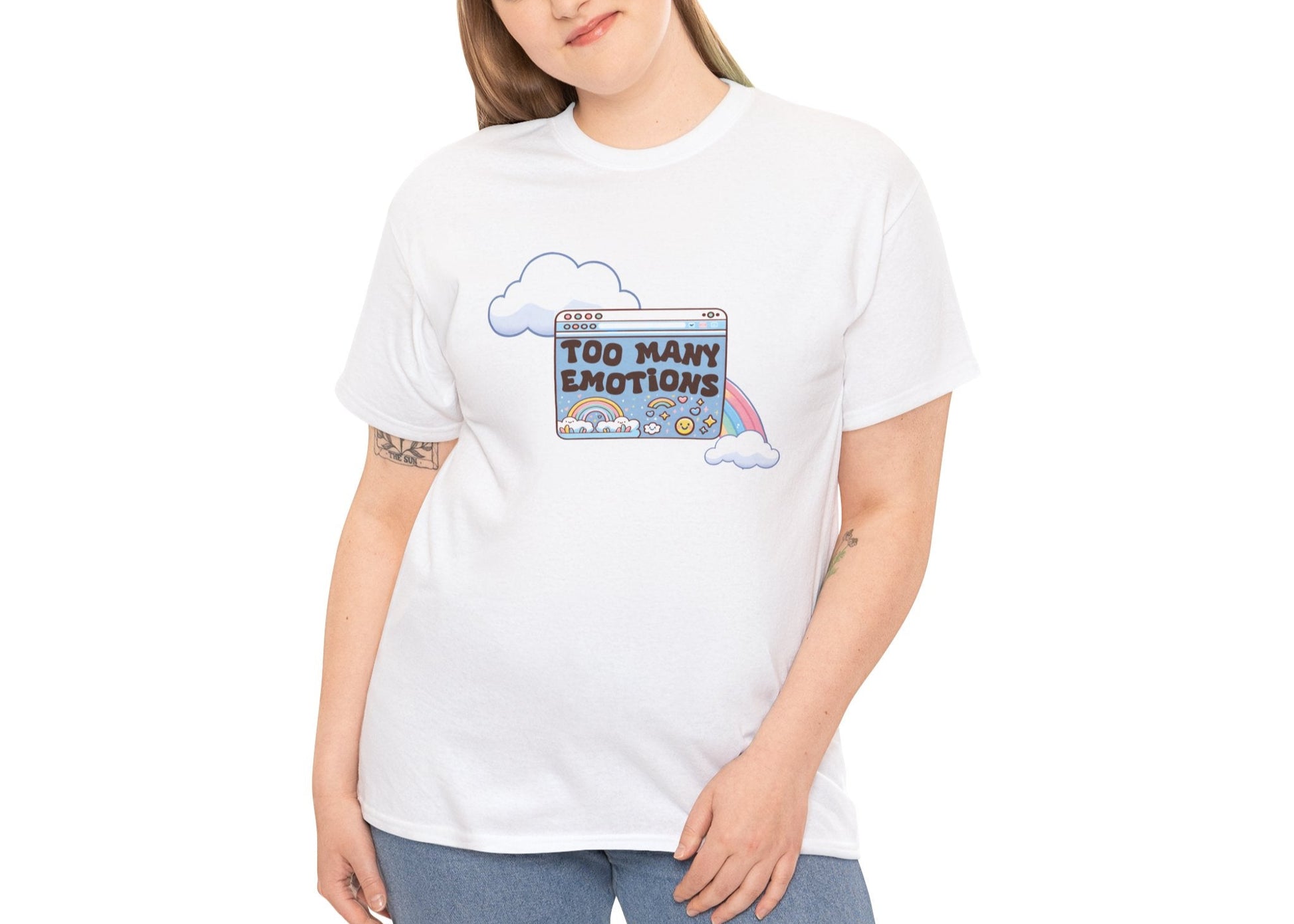 Modeled view of white shirt with retro rainbow-and-window design reading “Too Many Emotions.” Mentally buffering with style. Part of the Vivid Divergence Memewear Collection!