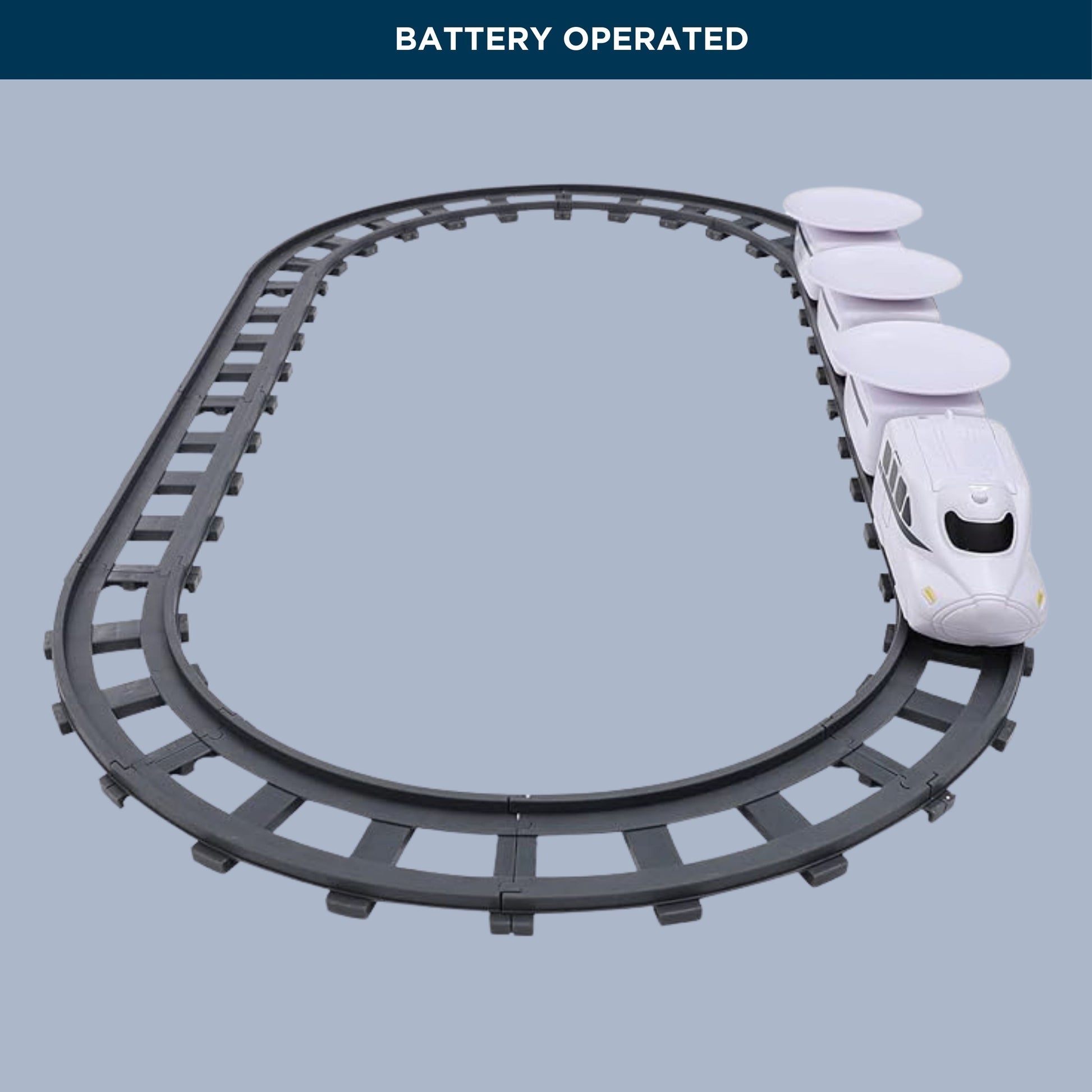 Overhead view of the complete train track layout, showcasing the circular track design. Includes battery-operated train for a unique mealtime experience.