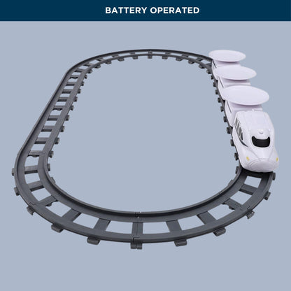 Overhead view of the complete train track layout, showcasing the circular track design. Includes battery-operated train for a unique mealtime experience.