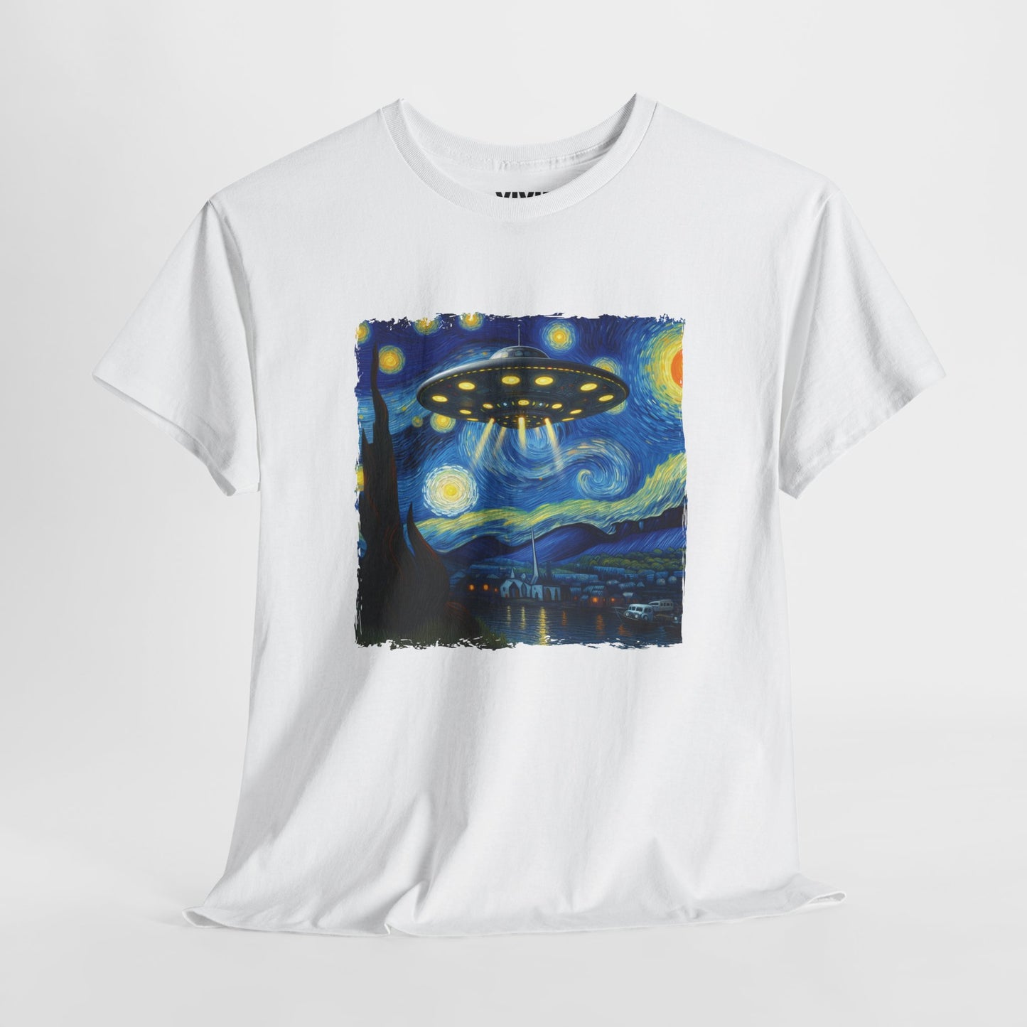 White UFO Van Gogh parody T-shirt hanging on display, showing full design of starry sky with spaceship at the center. Iconic chaos, now wearable. Part of the Vivid Divergence Memewear Collection!
