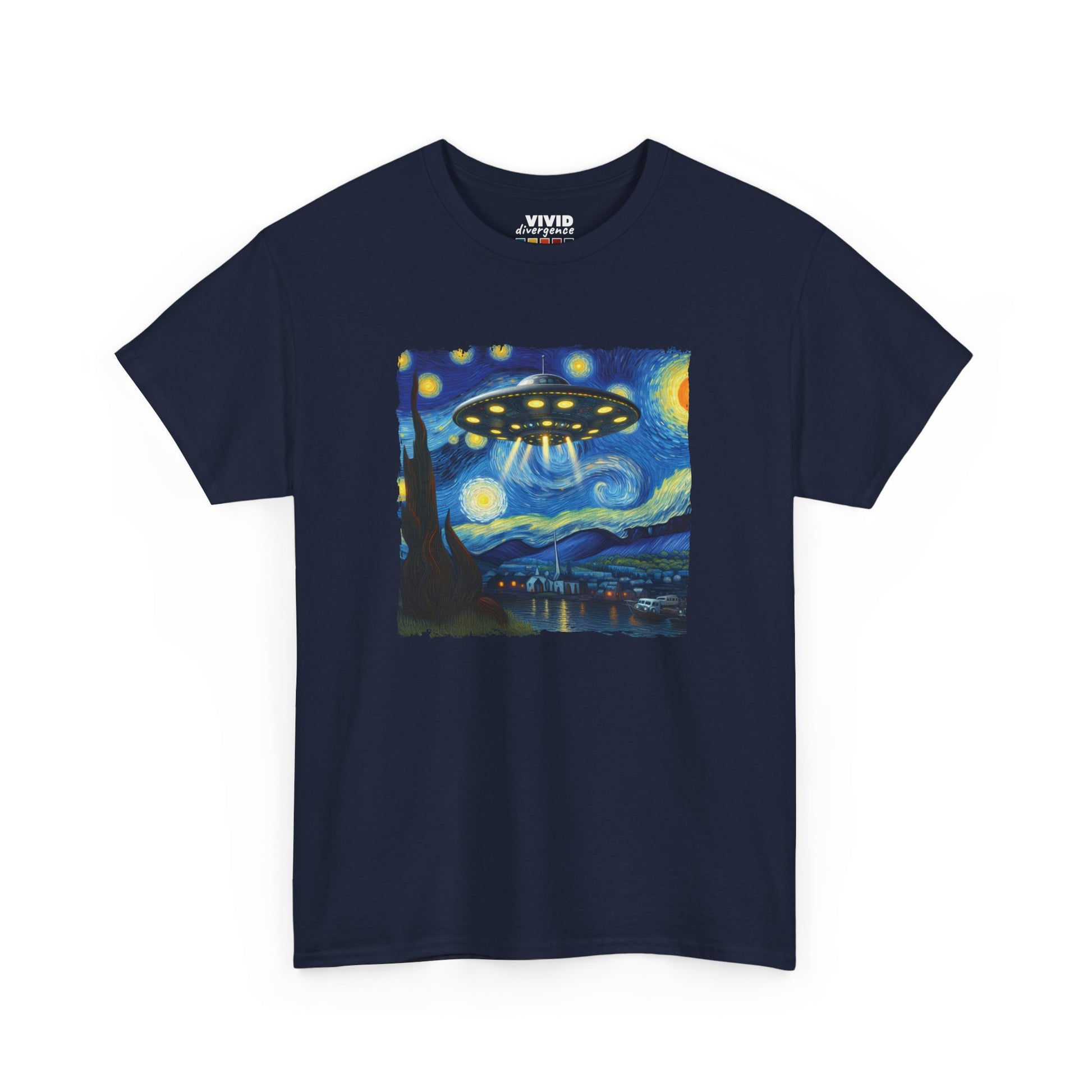 Front view of navy blue T-shirt with Van Gogh parody featuring a UFO in the night sky. Classic art, cosmic twist. Part of the Vivid Divergence Memewear Collection!
