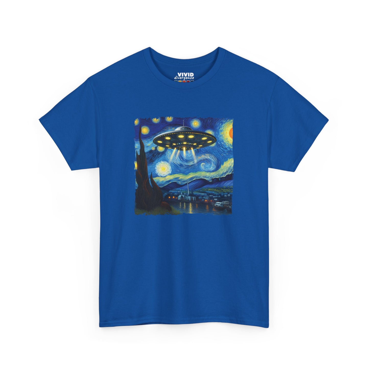 Front view of royal blue T-shirt with swirling starry sky and flying saucer in a Starry Night-inspired scene. Art meets abduction energy. Part of the Vivid Divergence Memewear Collection!
