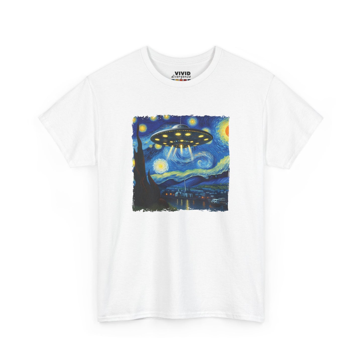Front view of white T-shirt featuring a parody of Van Gogh’s Starry Night with a UFO flying through the sky. Swirls, stars, and outer space vibes. Part of the Vivid Divergence Memewear Collection!
