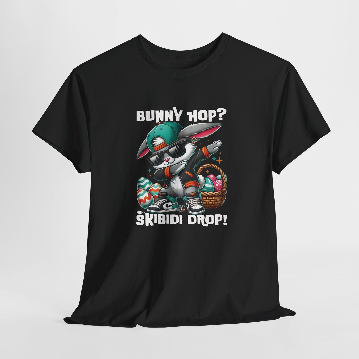 Front view of a viral meme-inspired T-shirt in black. A bold, trendy shirt featuring a dabbing Easter bunny with "Bunny Hop? Nah, Skibidi Drop!" text. Packed with skibidi sigma energy for Easter celebrations. Part of the Vivid Divergence Sensory Friendly Unisex Tees Range.