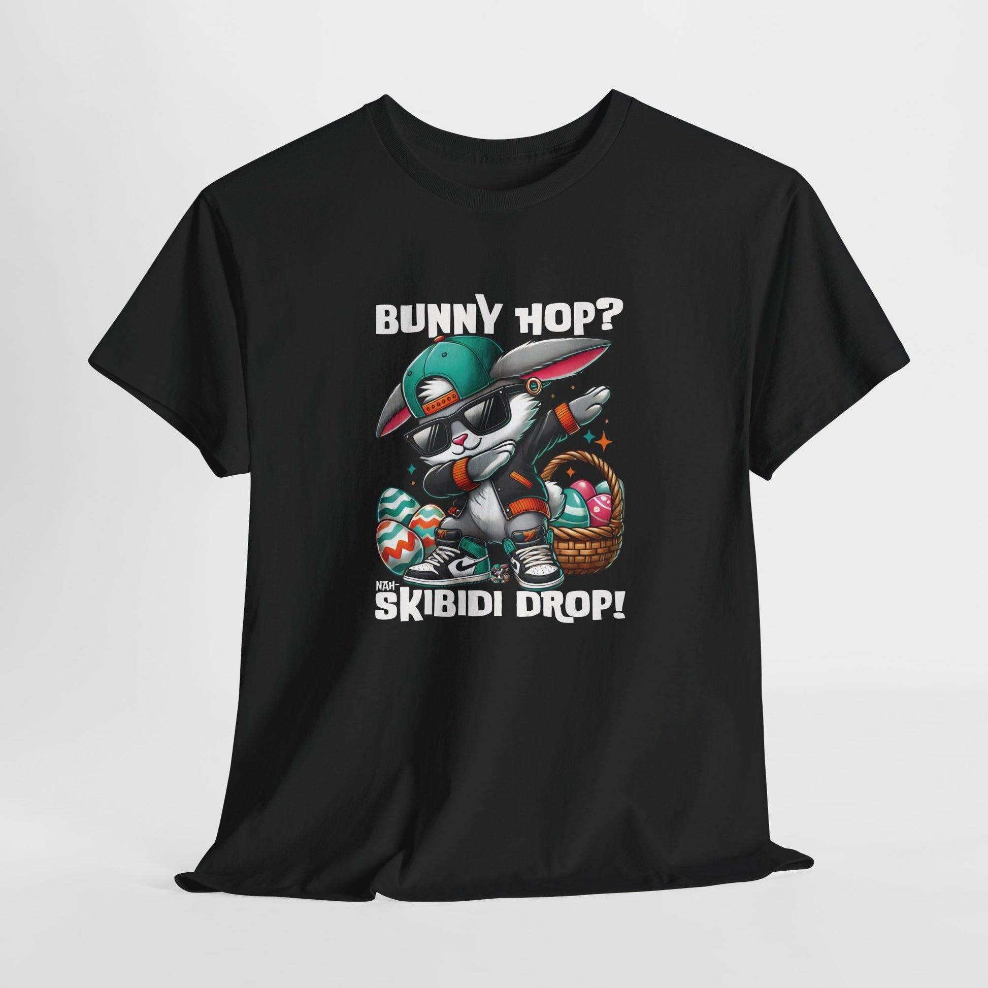 Front view of a viral meme-inspired T-shirt in black. A bold, trendy shirt featuring a dabbing Easter bunny with "Bunny Hop? Nah, Skibidi Drop!" text. Packed with skibidi sigma energy for Easter celebrations. Part of the Vivid Divergence Sensory Friendly Unisex Tees Range.