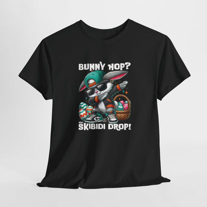 Front view of a viral meme-inspired T-shirt in black. A bold, trendy shirt featuring a dabbing Easter bunny with "Bunny Hop? Nah, Skibidi Drop!" text. Packed with skibidi sigma energy for Easter celebrations. Part of the Vivid Divergence Sensory Friendly Unisex Tees Range.