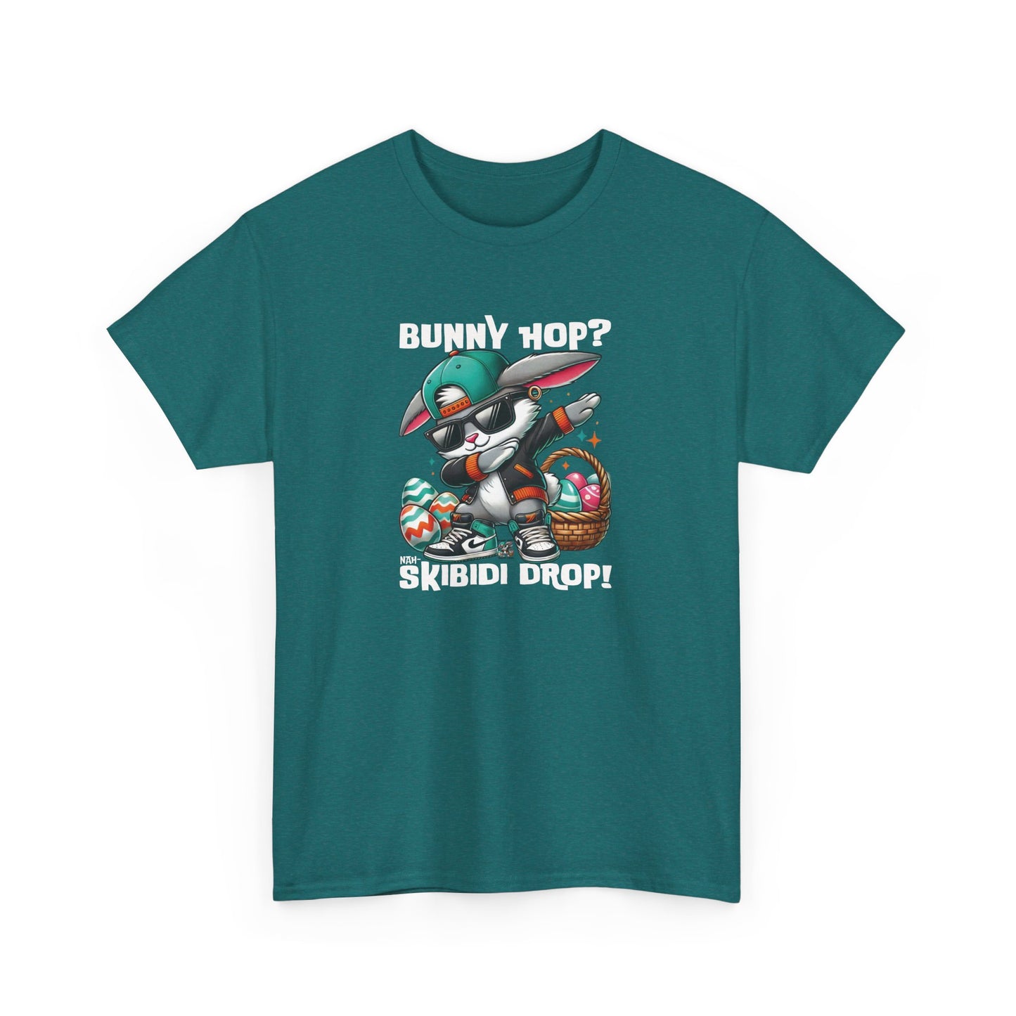 Front view of a viral meme-inspired T-shirt in dark teal. A playful yet stylish shirt featuring a dabbing Easter bunny and "Bunny Hop? Nah, Skibidi Drop!" text. Peak skibidi rizz vibes for meme lovers. Part of the Vivid Divergence Sensory Friendly Unisex Tees Range.