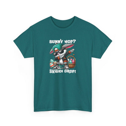 Front view of a viral meme-inspired T-shirt in dark teal. A playful yet stylish shirt featuring a dabbing Easter bunny and "Bunny Hop? Nah, Skibidi Drop!" text. Peak skibidi rizz vibes for meme lovers. Part of the Vivid Divergence Sensory Friendly Unisex Tees Range.