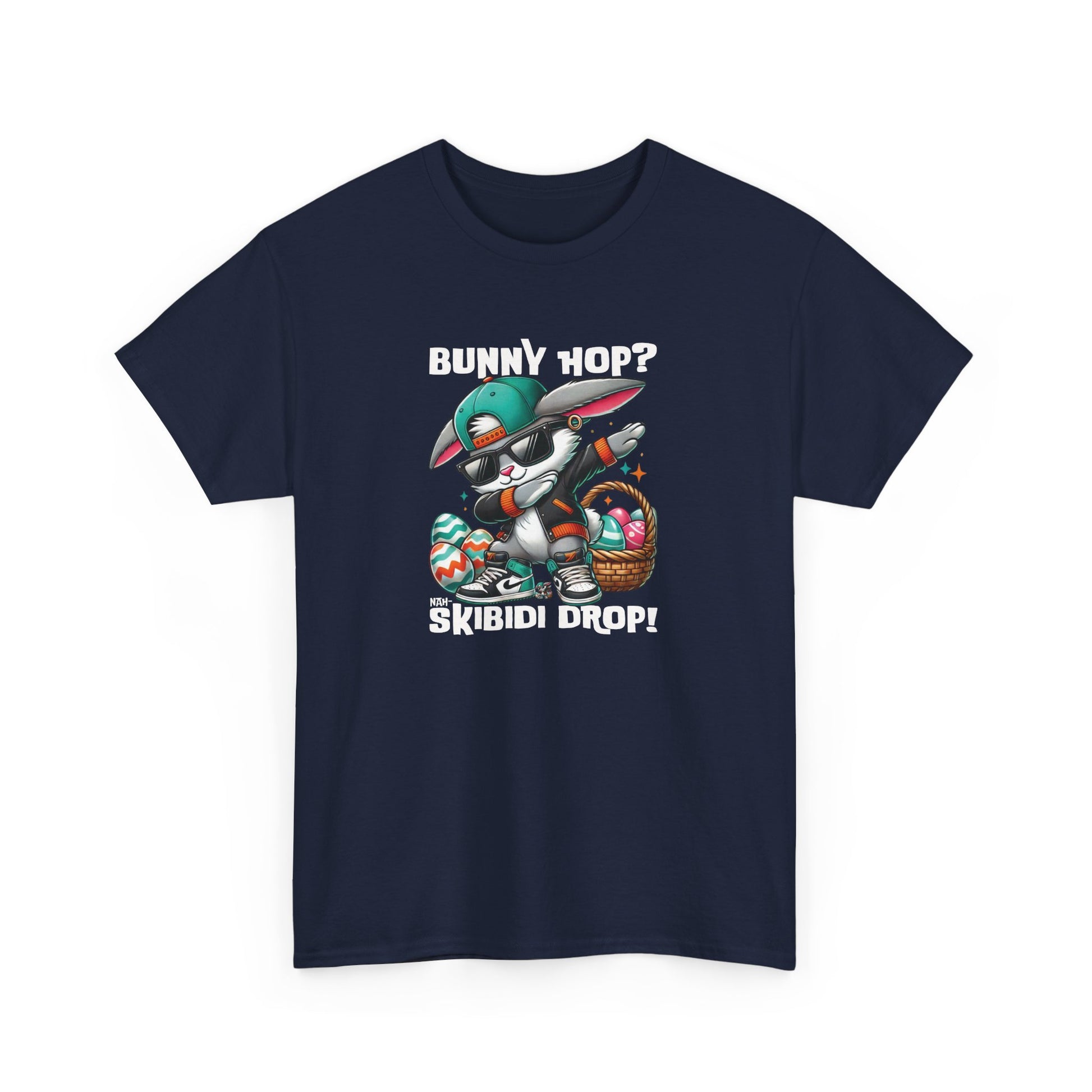 Front view of a viral meme-inspired T-shirt in navy. Showcases a dabbing Easter bunny with the phrase "Bunny Hop? Nah, Skibidi Drop!" A stylish and playful shirt packed with skibidi sigma rizz vibes. Perfect for Easter fun. Part of the Vivid Divergence Sensory Friendly Unisex Tees Range.