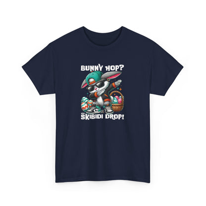 Front view of a viral meme-inspired T-shirt in navy. Showcases a dabbing Easter bunny with the phrase "Bunny Hop? Nah, Skibidi Drop!" A stylish and playful shirt packed with skibidi sigma rizz vibes. Perfect for Easter fun. Part of the Vivid Divergence Sensory Friendly Unisex Tees Range.
