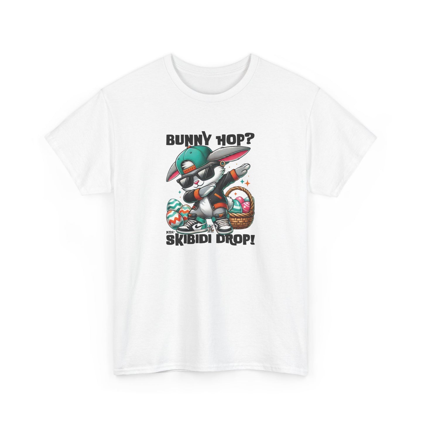 Front view of a viral meme-inspired T-shirt in white. A bold, trendy shirt featuring a dabbing Easter bunny with "Bunny Hop? Nah, Skibidi Drop!" text. Packed with skibidi sigma energy for Easter celebrations. Part of the Vivid Divergence Sensory Friendly Unisex Tees Range.