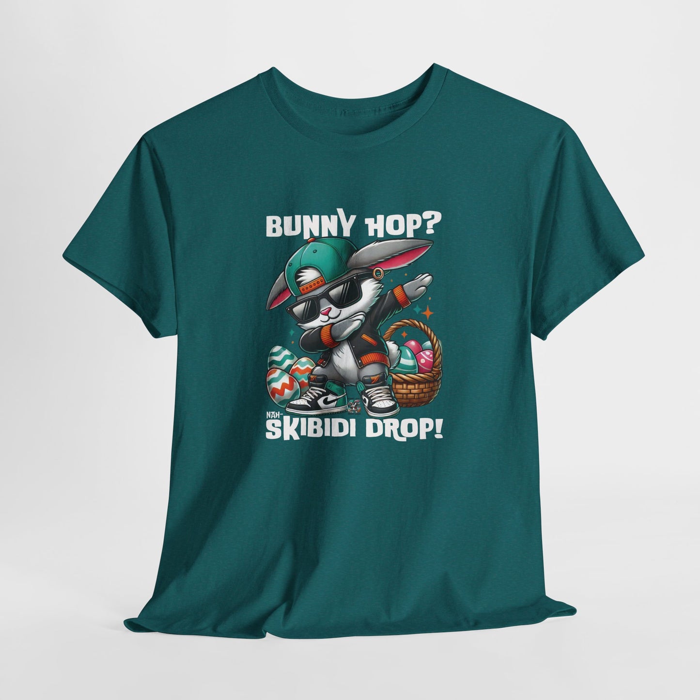 Hanging view of a viral meme-inspired T-shirt in dark teal. Features a dabbing Easter bunny and the catchy phrase "Bunny Hop? Nah, Skibidi Drop!" A quirky, fun design with skibidi rizz energy for those who love internet humor. Part of the Vivid Divergence Sensory Friendly Unisex Tees Range.