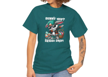 Modeled view of a viral meme-inspired T-shirt in dark teal. A cool and quirky skibidi rizz energy tee featuring a dabbing Easter bunny and "Bunny Hop? Nah, Skibidi Drop!" A bold Easter pick. Part of the Vivid Divergence Sensory Friendly Unisex Tees Range.