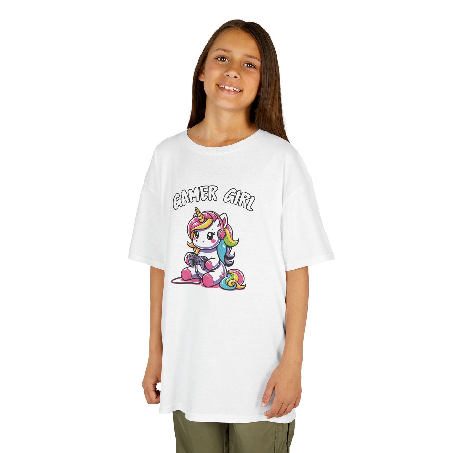 Girl wearing a white "Gamer Girl" unicorn kids T-shirt with a unicorn holding gaming gear. Part of the Vivid Divergence Sensory Friendly Kids Shirts Range. The perfect T-shirt for sensory-sensitive kids and comes with a Sensory Satisfaction Promise.