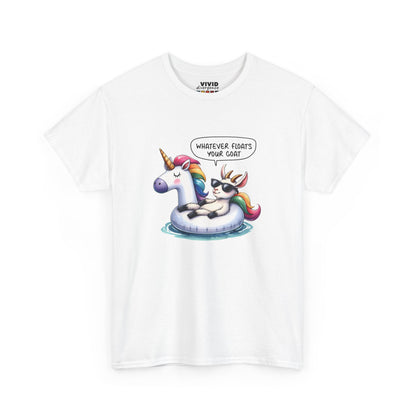 Front view of white T-shirt featuring cartoon goat lounging in a unicorn floatie with the phrase "Whatever floats your goat." Pure unbothered energy. Part of the Vivid Divergence Memewear Collection!
