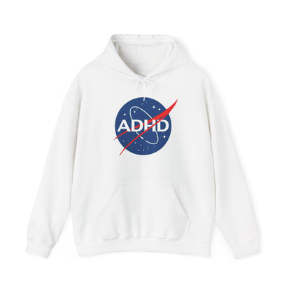 Front view of a white hoodie featuring a NASA-inspired logo with the word "ADHD" inside a blue circular design with a red swoosh. Part of the Vivid Divergence Sensory Friendly Unisex Hoodie Range.