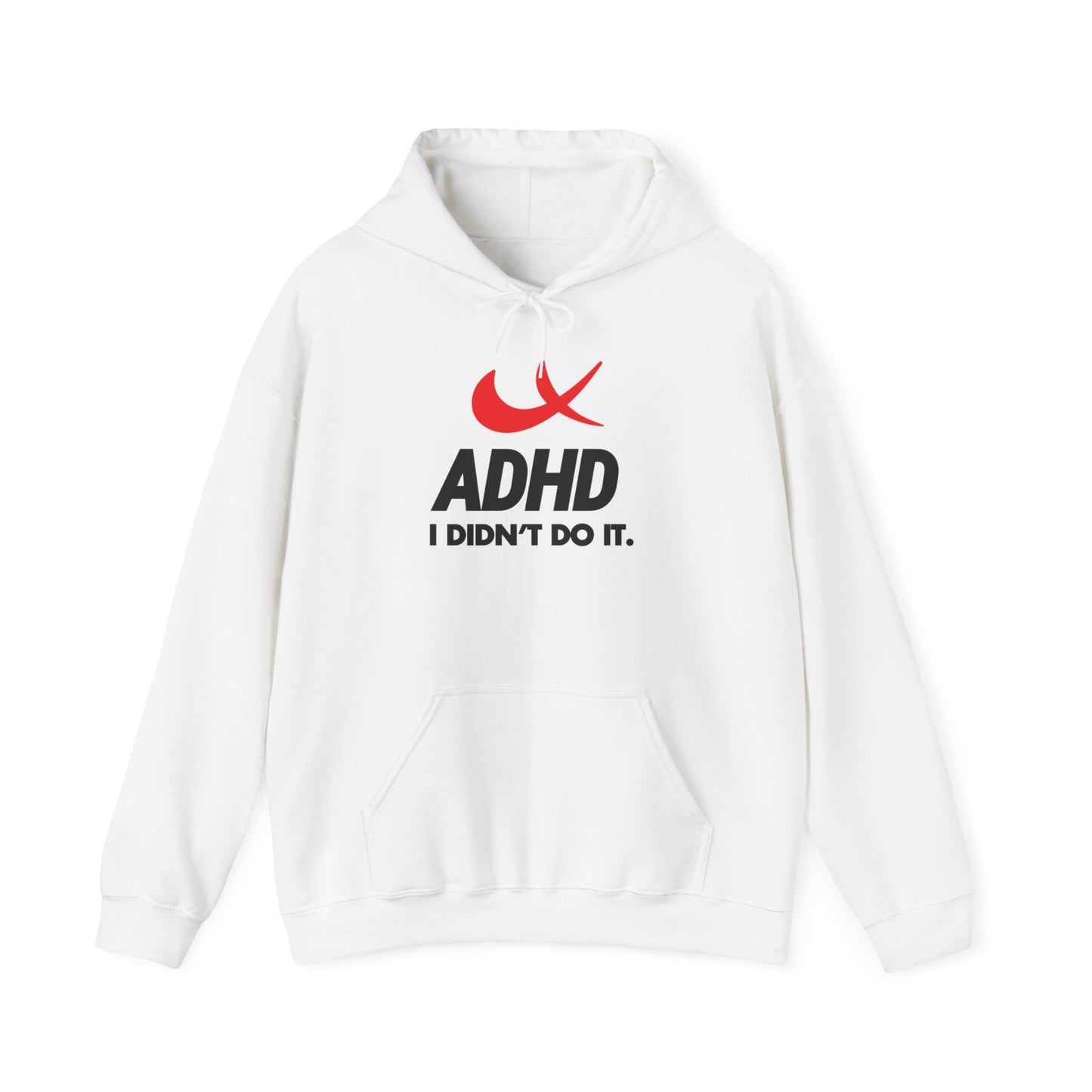 Front view of a white hoodie with a Nike parody design featuring a red swoosh and the text "ADHD, I Didn’t Do It." Part of the Vivid Divergence Sensory Friendly Unisex Hoodie Range.