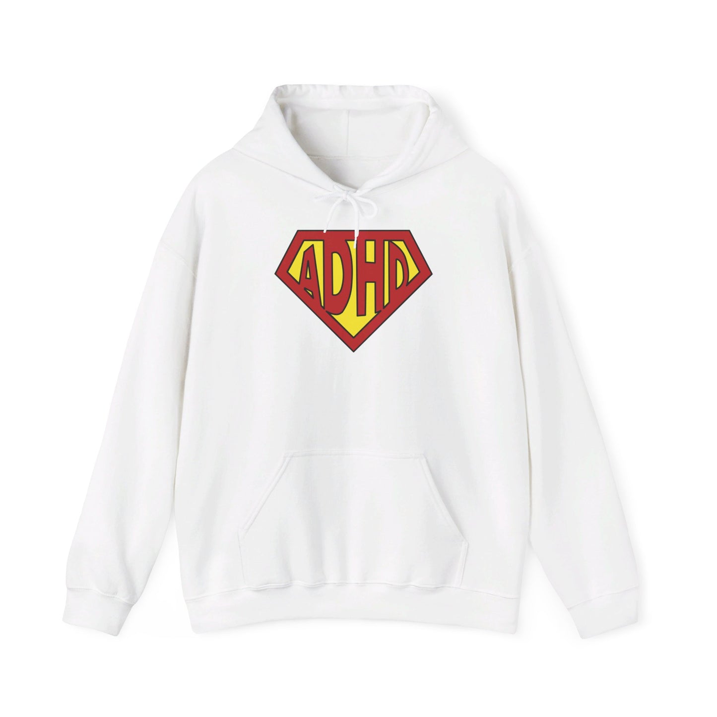 Front view of a white hoodie featuring the text "ADHD" inside a Superman-style red and yellow shield design. Part of the Vivid Divergence Sensory Friendly Unisex Hoodie Range.