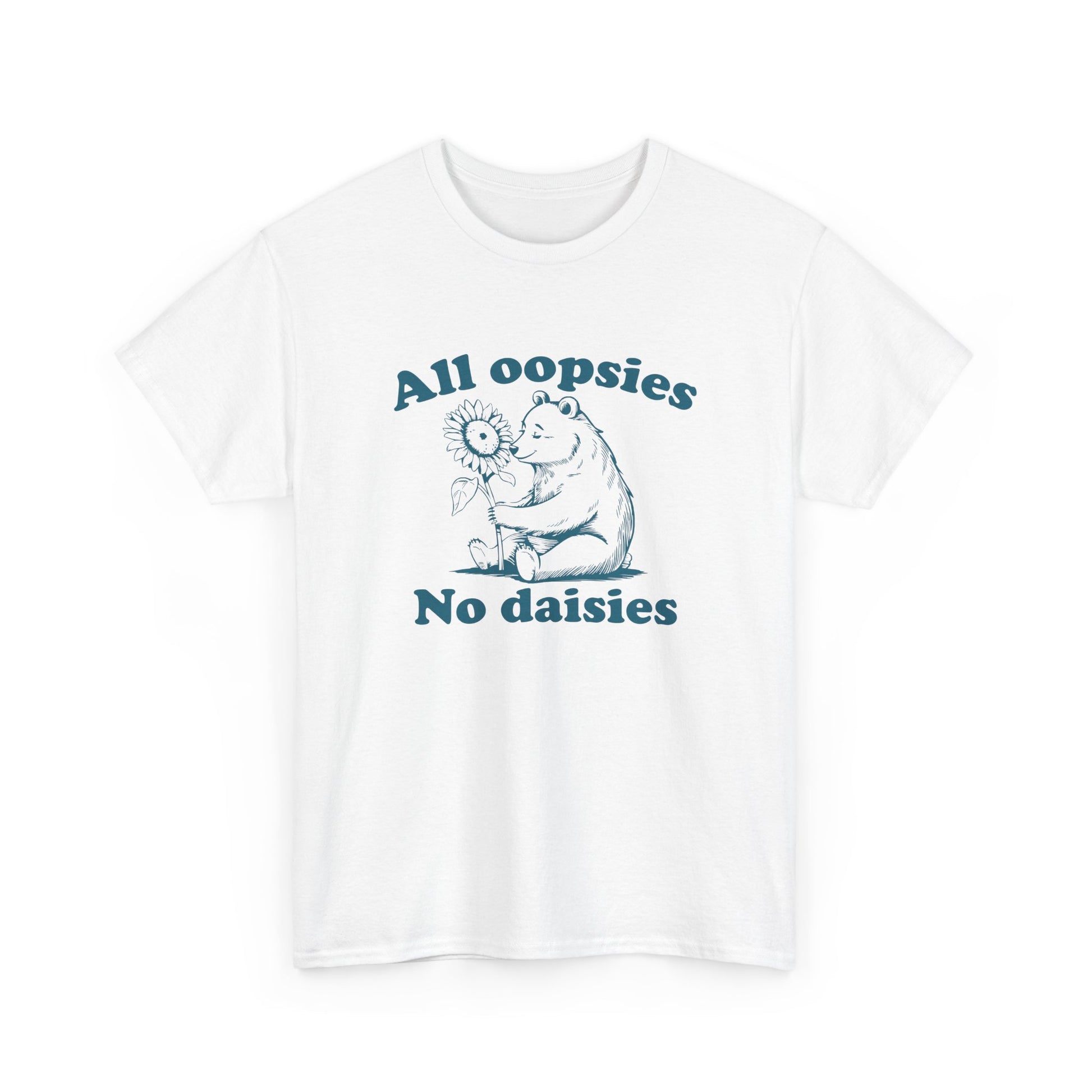Front view of a white T-shirt with "All oopsies, no daisies" and a playful bear graphic in blue text. Part of the Vivid Divergence Sensory Friendly Unisex Tees Range.