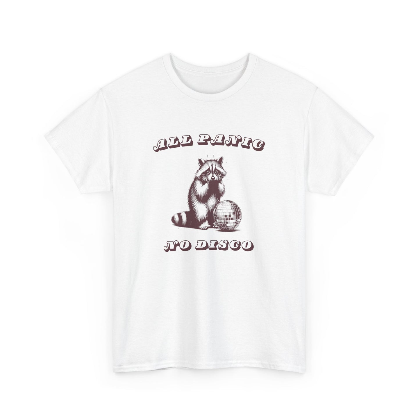Front view of a white T-shirt featuring the text "All Panic No Disco" with a raccoon illustration, worn by a model. Part of the Vivid Divergence Sensory Friendly Unisex Tees Range.