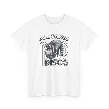 Front view of a white T-shirt featuring "All Panic No Disco" text with a raccoon illustration inside a disco ball. Part of the Vivid Divergence Sensory Friendly Unisex Tees Range.
