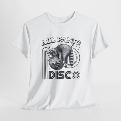 Hanging white T-shirt featuring "All Panic No Disco" text with a raccoon illustration inside a disco ball. Part of the Vivid Divergence Sensory Friendly Unisex Tees Range.