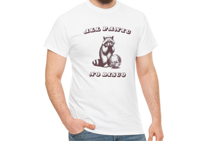 Modeled view of a white T-shirt featuring the text "All Panic No Disco" and a raccoon illustration, worn by a model. Part of the Vivid Divergence Sensory Friendly Unisex Tees Range.
