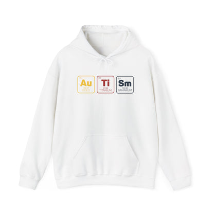 Front view of a white hoodie featuring a periodic table design spelling "Autism" with elements Au, Ti, and Sm in colored boxes. Part of the Vivid Divergence Sensory Friendly Unisex Hoodie Range.