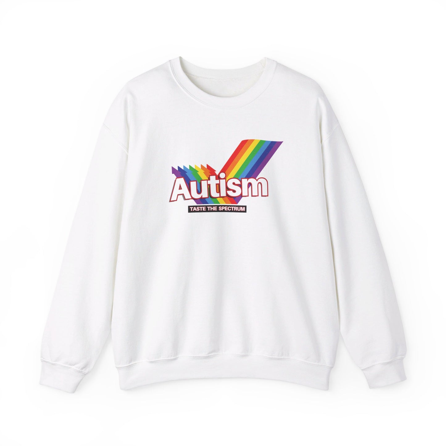 Front view of a white sweater jumper with an "Autism" Skittles brand parody design featuring rainbow stripes. Part of the Vivid Divergence Sensory Friendly Unisex Sweater Jumper Range.