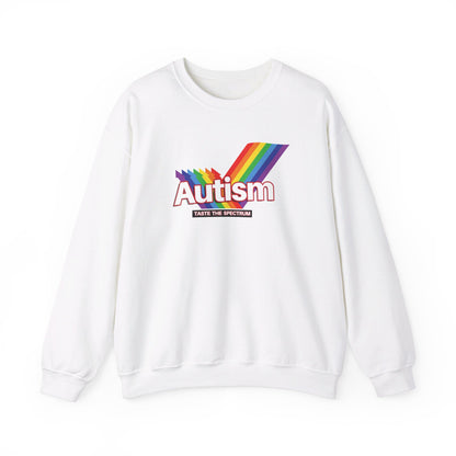 Front view of a white sweater jumper with an "Autism" Skittles brand parody design featuring rainbow stripes. Part of the Vivid Divergence Sensory Friendly Unisex Sweater Jumper Range.
