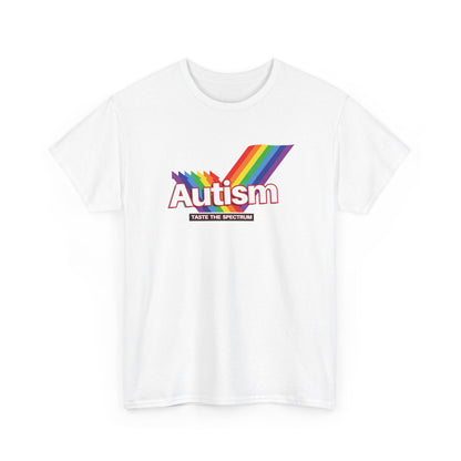 Front view of a white T-shirt with the phrase "Autism" in a Skittles-inspired design featuring a rainbow graphic. Part of the Vivid Divergence Sensory Friendly Unisex Tees Range.