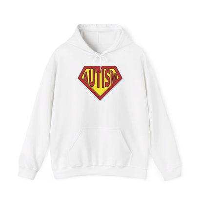 Front view of a white hoodie featuring the text "Autism" inside a Superman-style red and yellow shield design. Part of the Vivid Divergence Sensory Friendly Unisex Hoodie Range.