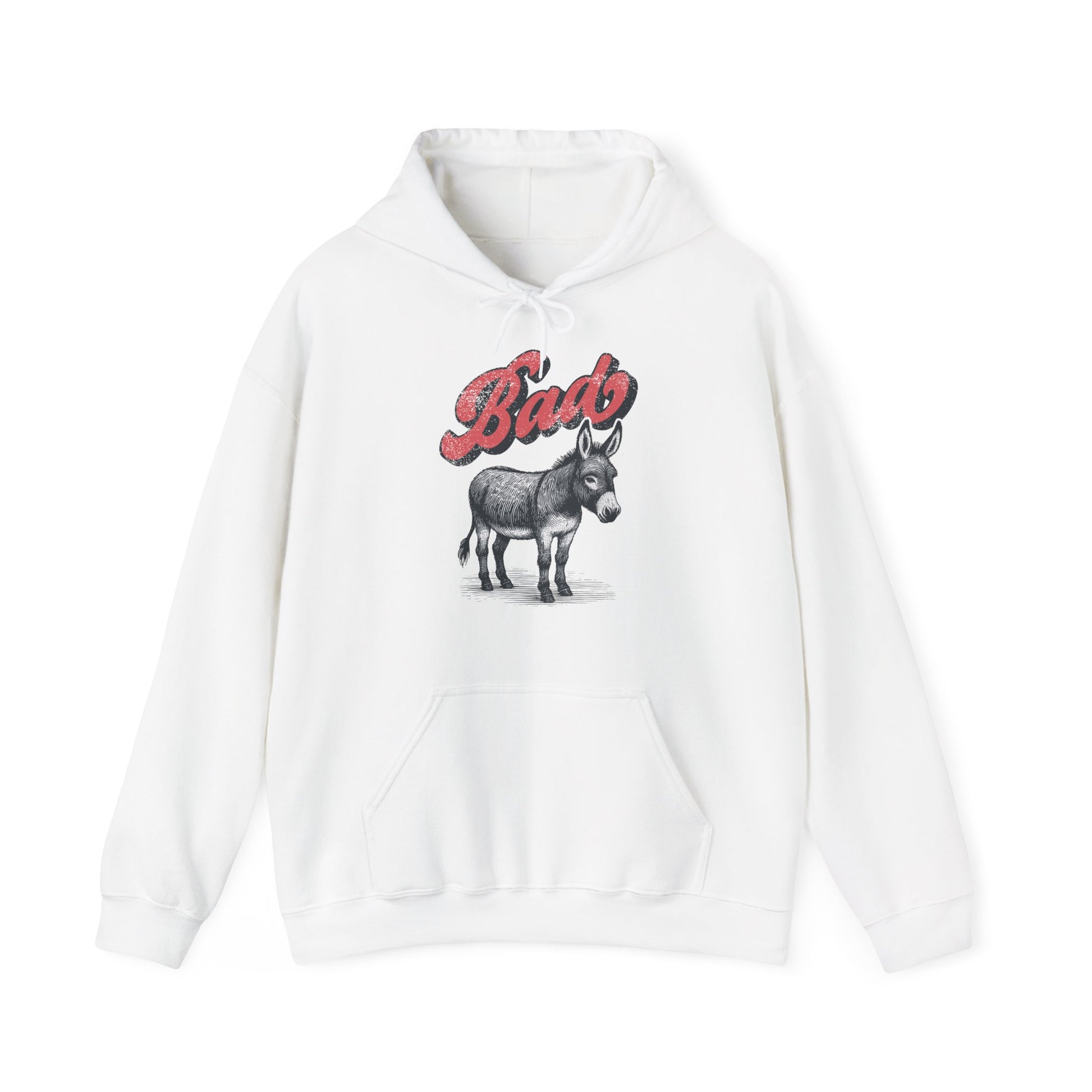 Front view of a white hoodie featuring the word "Bad" in bold red letters followed by a detailed illustration of a donkey, playfully implying "Bad Ass." Part of the Vivid Divergence Sensory Friendly Unisex Hoodie Range.