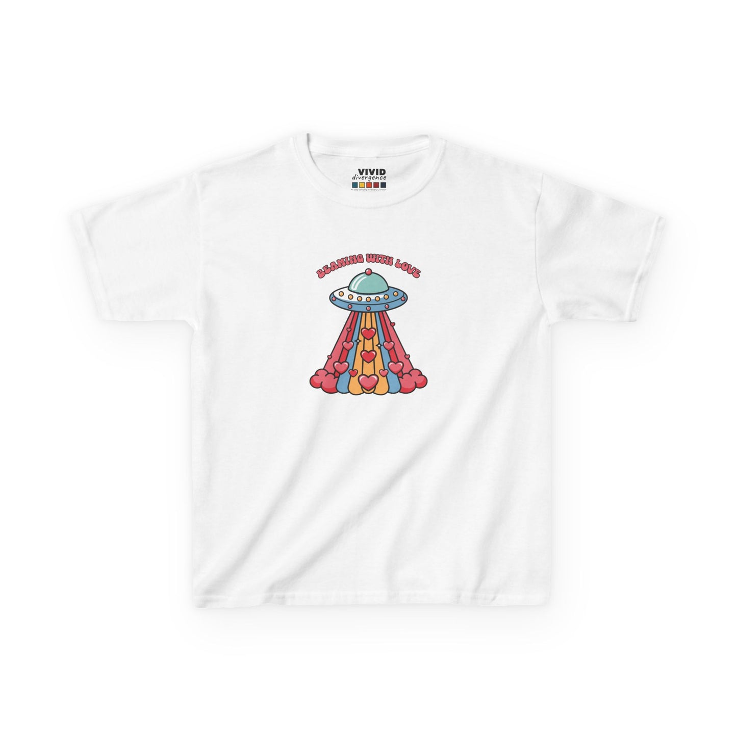 Front view of a white "Beaming With Love" kids T-shirt featuring a colorful UFO beaming down hearts. Part of the Vivid Divergence Sensory Friendly Kids Shirts Range. The perfect T-shirt for sensory-sensitive kids and comes with a Sensory Satisfaction Promise.