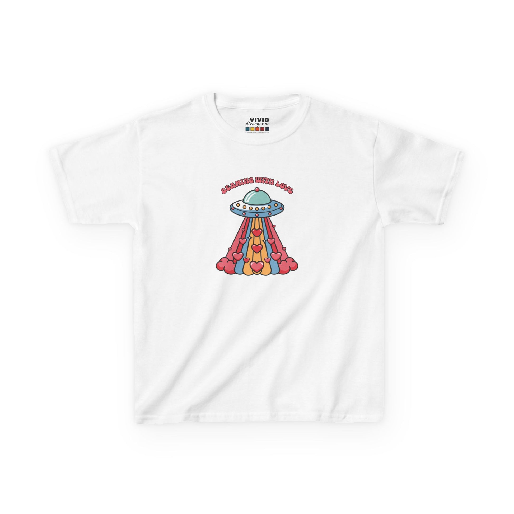 Front view of a white "Beaming With Love" kids T-shirt featuring a colorful UFO beaming down hearts. Part of the Vivid Divergence Sensory Friendly Kids Shirts Range. The perfect T-shirt for sensory-sensitive kids and comes with a Sensory Satisfaction Promise.