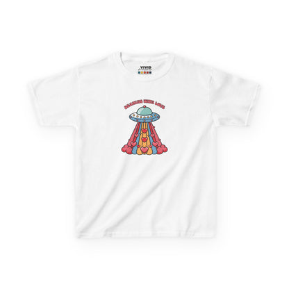 Front view of a white "Beaming With Love" kids T-shirt featuring a colorful UFO beaming down hearts. Part of the Vivid Divergence Sensory Friendly Kids Shirts Range. The perfect T-shirt for sensory-sensitive kids and comes with a Sensory Satisfaction Promise.
