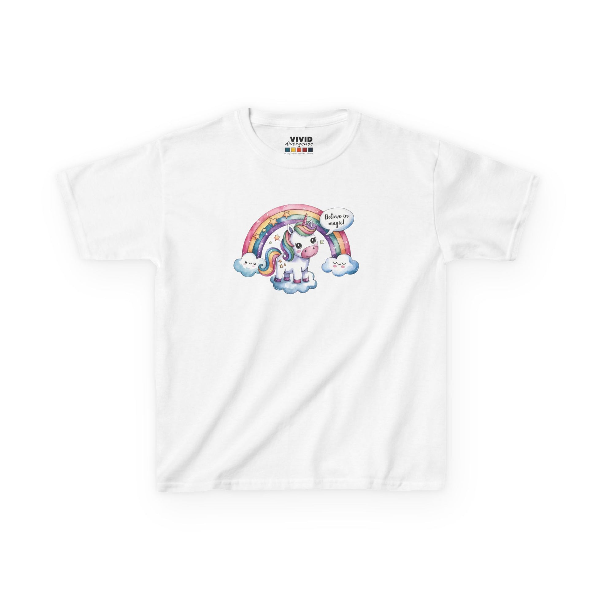 Front view of a white "Believe In Magic" unicorn kids T-shirt featuring a colorful unicorn under a rainbow. Part of the Vivid Divergence Sensory Friendly Kids Shirts Range. The perfect T-shirt for sensory-sensitive kids and comes with a Sensory Satisfaction Promise.