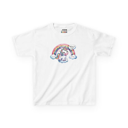 Front view of a white "Believe In Magic" unicorn kids T-shirt featuring a colorful unicorn under a rainbow. Part of the Vivid Divergence Sensory Friendly Kids Shirts Range. The perfect T-shirt for sensory-sensitive kids and comes with a Sensory Satisfaction Promise.